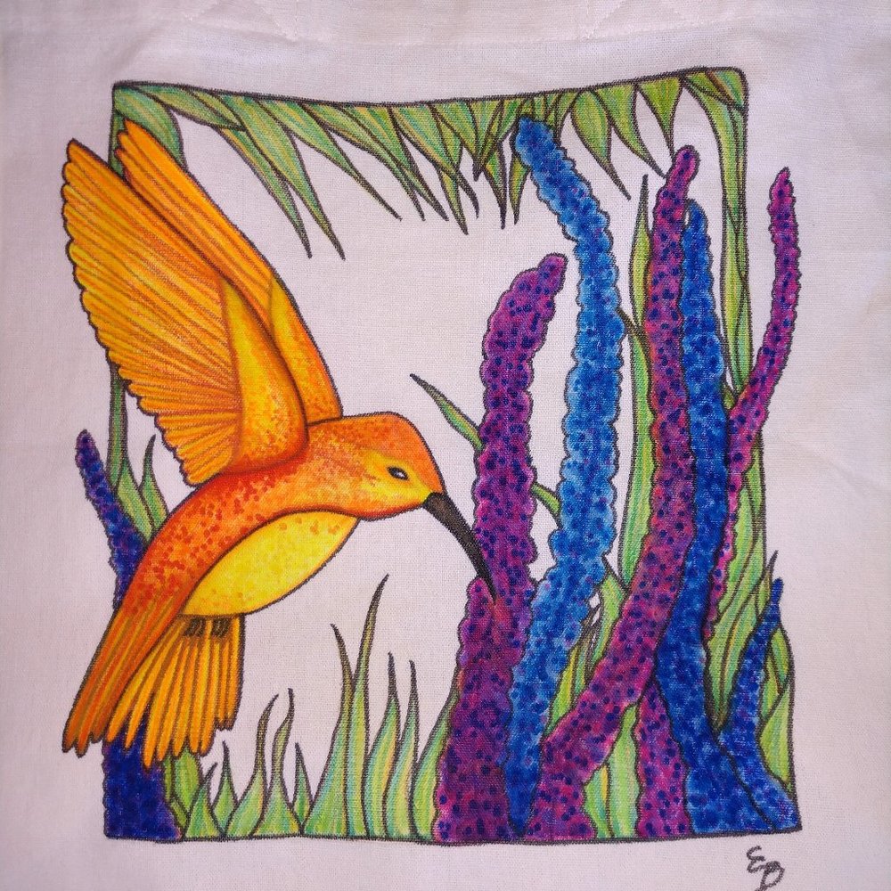 Hand-Painted Hummingbird Canvas Tote Bag: Floral Reusable Shopper 14x13x7